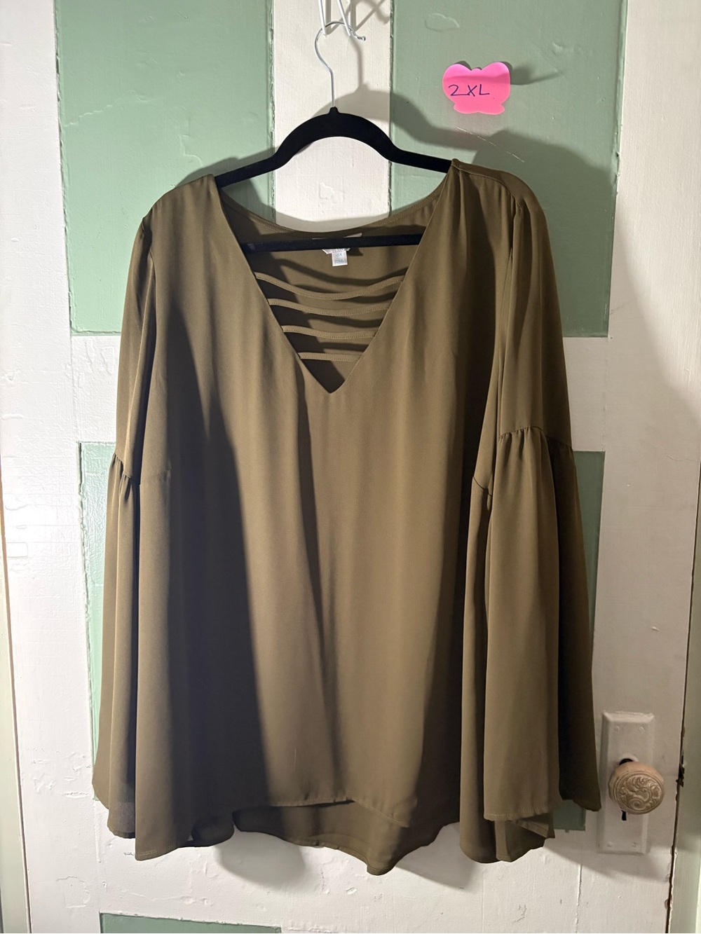 Women’s Olive Green V-Neck Flowing Bell Sleeve Top